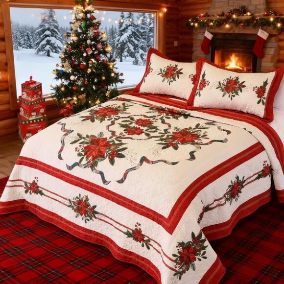 NEW! Quilt Christmas Theme Bedding Set with Pillow Shams Reversible Red Floral - Picture 2 of 8